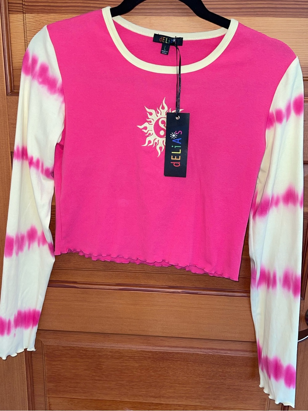 RARE dELiA*s Hot Pink & Pale Yellow Tie-Dye Long Sleeve Crop Top - NWT - Large